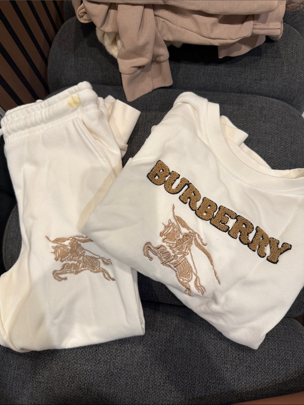 Cream Kids Sweatpants & Top Set with Gold Embroidery
